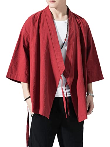 Image of Men's Japanese Kimono Cardigan Loose Cotton Linen 3 /4 Sleeve Open Front Casual Summer Shirt Jackets