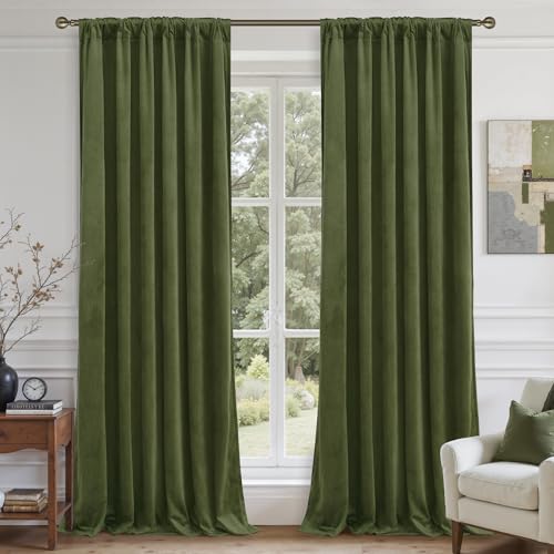 LAMIT Sage Green Velvet Curtains 90 Inches Long, Luxury Thermal Insulated Blackout Panels for Living Room Back Tab and Rod Pocket Room Darkening Drapes for Bedroom, 2 Panels, 52 x 90 Inch