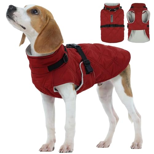 Kuoser Dog Coat Warm Fleece Lining Turtleneck Dog Jacket with Harness Built-in, Adjustable Windproof Cold Weather Coats with Quick Release Buckle Pet Winter Snowsuit for Small Medium Dogs, R