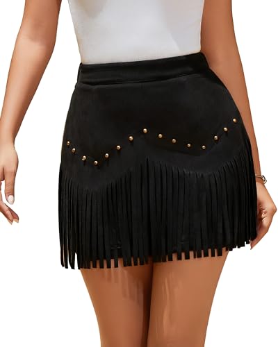 UpFind Women Suede Fringe Mini Skirt with Rivets High...