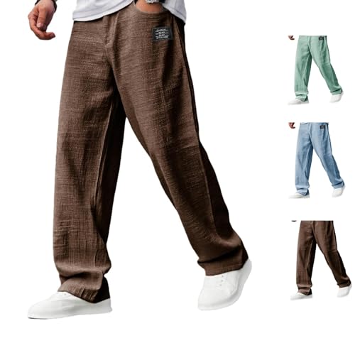 Mokaloha Mens Pants, Men's Casual Hemp Fabric Embroidered Logo Drawstring Loose Elastic Waist Pocket Trousers, Casual Hemp3