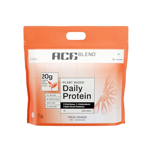 Image of Ace Blend Daily 20G Plant Protein (15 Servings) | Pea & Brown Rice Isolate | 3 Vital Greens 4 Antioxidants 3 Probiotics | Boosts Strength, Recovery, Fat Loss | No Added Sugar | Unisex | Orange Flavour