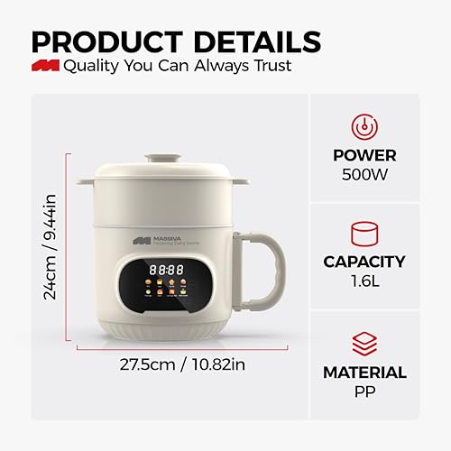 Image of MASSIVA 8-in-1 Multi Purpose Electric Kettle with Steamer: Smart LED Presets Electric Pot, 1.6L Ceramic Non-Stick Inner Pot, 600W Boil /Steam /Fry All-in-One For Kids Travel and Kitchen