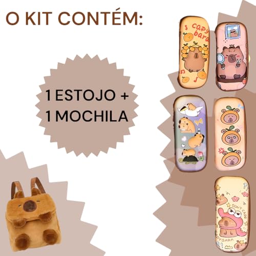 Kit Mochila Bolsa + Estojo Capivara Capybara Pelúcia Fofa