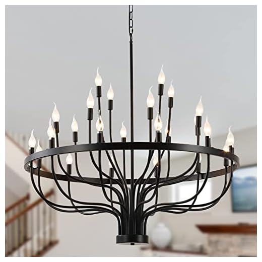 Peonacy Black Farmhouse Chandelier 24-Light 39-inch, Modern Metal Candle Industrial Round Chandeliers Light Fixture for Living Room Dining Room High Ceilings Foyer Bedroom (Black, 24-Light)