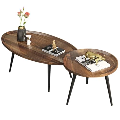 Center Table Set, Small Oval + Round Coffee Table Set, Sofa End Table, Modern Low Table, Wooden Side Table for Living Room, Home, with Metal Legs(50cm+80cm Set)