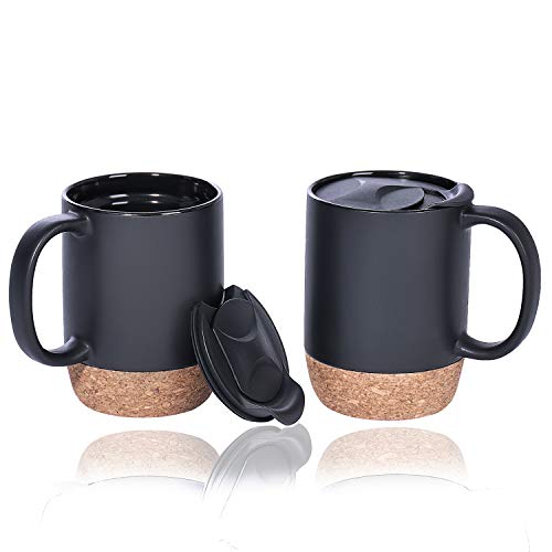 Aceelite Coffee Mug Set Of 2, 15 Oz Large Coffee Mugs With Handle For Tea, Ceramic Mug With Cork Bottom And Lid, Coffee Cups For Women And Men (Black) #TOP11