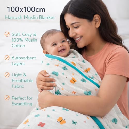 Image of HANUSH 6-Ply Muslin Baby Blanket | 100x100 cm Soft & Breathable Cotton Muslin Blanket for Newborns & Toddlers | Baby Swaddle Blanket | Unisex | Lightweight AC Blanket, Swaddle & Play Mat, Multicolour