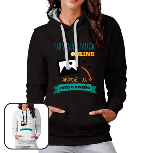 MVO Sudadera Personalizable con Capucha · con tu Foto y/o Textos · A Todo Color · para Mujer · Impresión DTG o DTF · Diseña tu Sudadera Personalizada (L, Blanco)
