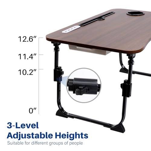 Laptop Desk for Bed, Height Adjustable Laptop Bed Table, Foldable Portable Lap Desk Stand with USB/Storage Drawer/Cup Holder/Slot, Breakfast Tray for Working Reading Writing Eating (Dark Walnut)