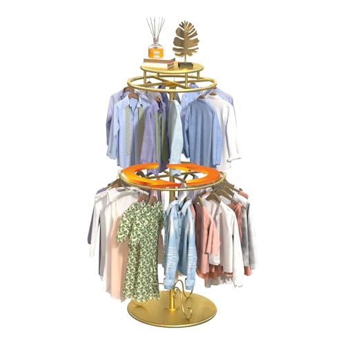 Round Clothes Rack, Childrens Clothing Display Circular Clothes Rack, Rotatable Black Tier Rack with Retail Display Table, Round Garment Rack Kids Clothing Display for Boutiques (GOLD, 55.1'/140cm)