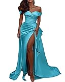 Vestido largo de fiesta de sirena con hombros descubiertos y cuello en V con abertura lateral de satén con tren para mujer, turquesa, 46