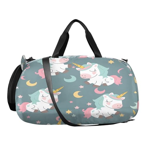Gym Travel Duffle Bag for Boys Girls Unicorn Star Moon Pattern Sports Dance Bag with Shoe Compartment & Wet Pocket Football Kids Travel Bag Teens Sleepover Carry2