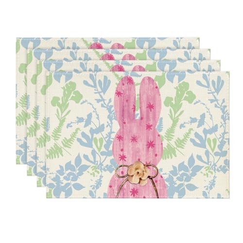 Artoid Mode Pink Bunny Leaves Bow Easter Placemats Set of 4, 12x18 Inch Spring Table Mats for Outdoor Home Party Kitchen Dining Decor