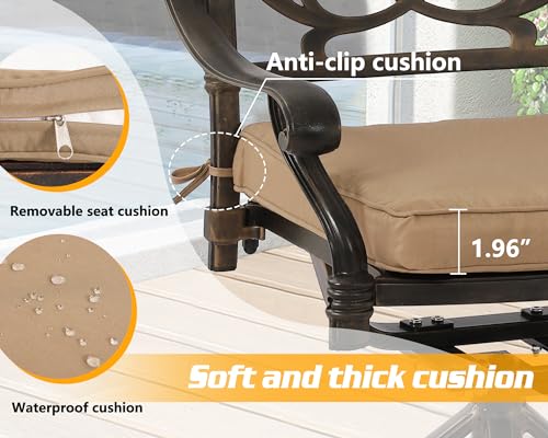 USSerenaY 5-Piece Outdoor Dining Set Cast Aluminum Patio Furniture Set All-Weather 4 Chairs and Dining Table with Umbrella Hole for Garden, Backyard (Swivel Rocker+Khaki Cushion, RoundTable)