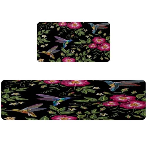 Alfombra de cocina VAPOKF con bordado floral premium, set de 2 alfombrillas de alta densidad 2