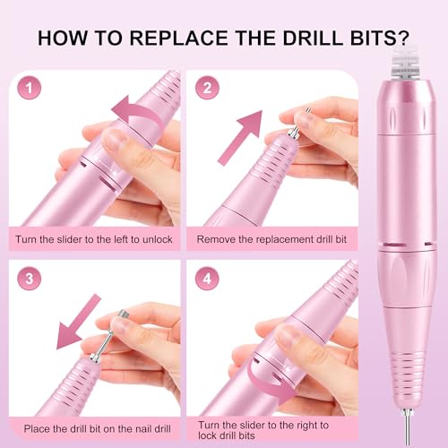Professional Electric Nail Drill File:COSYGLOW Glitter Portable Cordless E-File Nail Drill Kit with 11 Drill Bits,30000 RPM Rechargeable Nail Drills Machine for Acrylic Nails Gel Polishing (Pink) - image 8