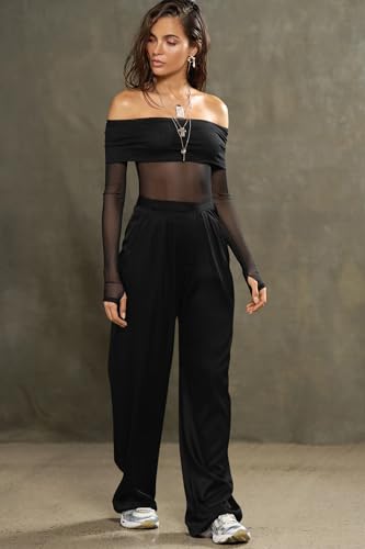 GOKATOSAU Women's Casual Wide Leg Pants High Waist Pleated Satin Straight Long Trousers4