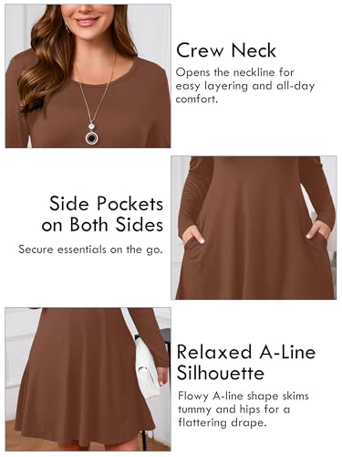 Image of AusLook Women's Plus Midi Dress Long Sleeve Crew Neck A-Line Swing Flowy Vacation Fall Wedding Guest Dresses with Pocket 1-5X