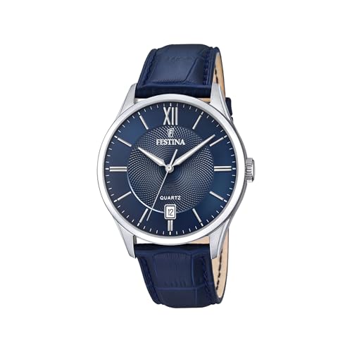 Imagen de Festina Reloj Hombre Analógico de Cuero Azul Movimiento de Cuarzo Calendario Cristal Mineral de Alta Resistencia Resistente al Agua 5 ATM Elegante F20426