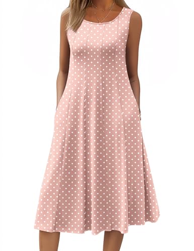 Image of HOTOUCH Summer Casual Dresses for Women Sleeveless Midi Dress Swing Tank Sundress Pleated Tshirt Dress with Pockets