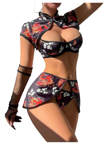 SOLY HUX Womens 4 Piece Cheongsam Costume Lingerie Set Dragon Print Qipao Cosplay Outfits Multicoloured Small