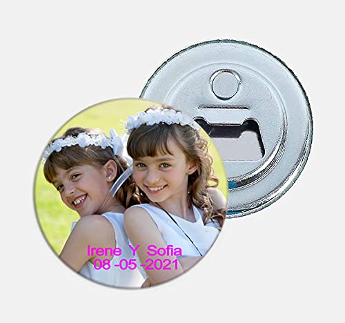 Detalles y Recuerdos de Bautizos, Comuniones, Bodas,Fiestas de Cumpleaños.Para Invitados Originales,Pack chapas personalizadas Ø 57mm (Chapa Abrebotellas con imán Ø 57 mm, PACK 12 unidades)