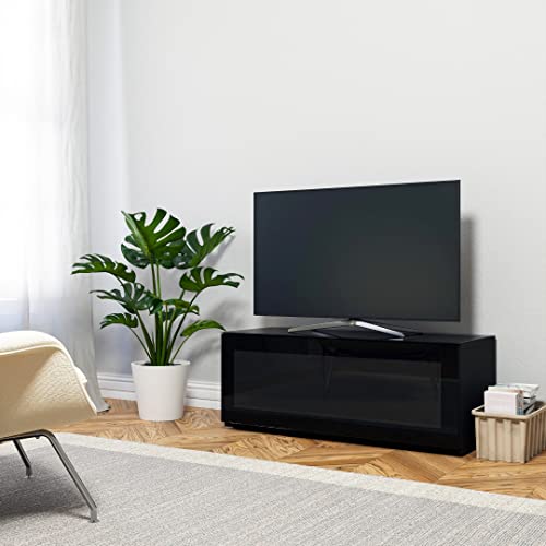 Image of SONOROUS ST-110 Premium TV Stand with Black Wood & Black Glass Cover - Modern Entertainment Center & Media Console for Living Room - TV Cabinet up to 65 Inch with Hidden Wheels - Sleek Storage Design