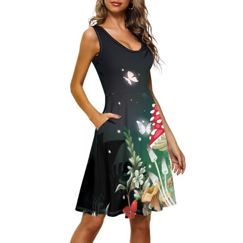 Image of Women's Casual Loose Sundress Midi Sleeveless Crewneck Dress Summer Beach Tank Dress with Pockets