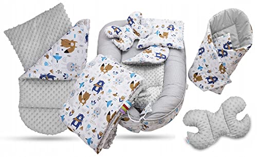 6PCS Baby Set Cocoon Blanket Double Sided Cushion Boho Navy + Small dots