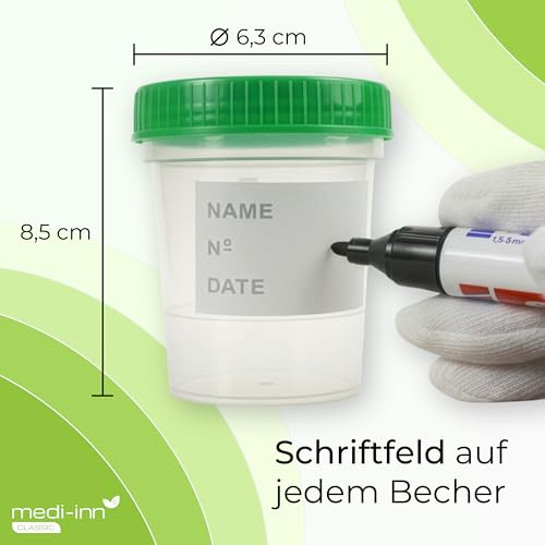 Medi-Inn Urinbecher mit Schraubdeckel grün | 10 Stück | auslaufsicher & gefriertauglich | 125 ml Fassungsvermögen bis 100 ml graduiert | mattiertes Schriftfeld