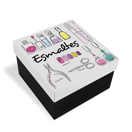 Geguton - Caixa Esmalte - Aço com 2 Divisórias e Viseira - Organização e Decoração - Preto Fosco e Branco com Estampa