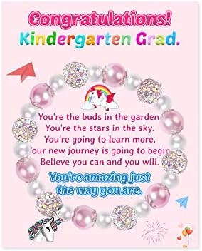 Parma77 Kindergarten Graduation Gifts for Girls, Graduation Gifts for Kindergarten Students, Unicorn Heart Bracelet for Daughter Granddaughter Niece, Elastic Pink Pearl and Rhinestone Balls Bracelet