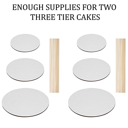 Cake Boards and Wooden Dowels, Set of 6 Cardboards Cake Circle Bases, 6,8, and 10 inch, 2 of Each Size, with 16 Dowels - Supplies for Two 3 Tier Cakes