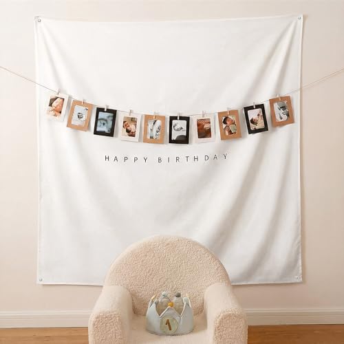Gilprop 59x59 Inches Happy Birthday Tapestry Minimalist Happy Birthday Banner White Fabric Banner with 10 Photo Frames, Custom Wall Flag, Boho Wall Art for Party Indoor Outdoor Yard Decor