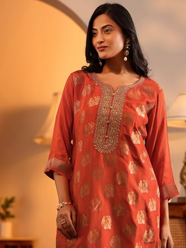 Image of Libas Woven Design Silk Blend Straight Kurta with Trouser and Dupatta