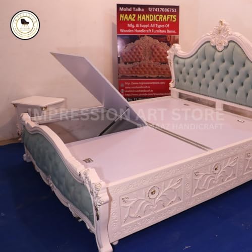 Image of Teak Wood Bed with Upholstered Head and Foot | Premium Teak Wood | White Color | King Size Bed | with Storage Box