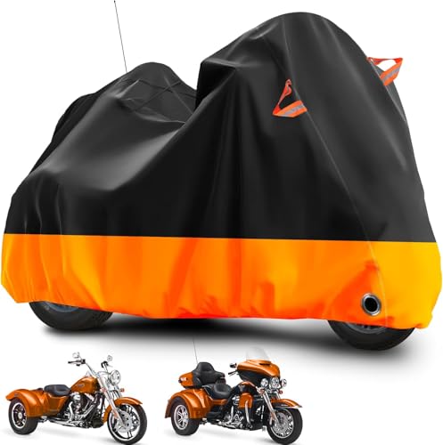 Tokept Trike Motorcycle Cover Outdoor Waterproof Vehicle Cover with Windproof Buckle Reflective Strip for Harley Davidson Honda Gold Wing Kawasaki 3 Wheel Motorcycle Accessories (Black&Orange)