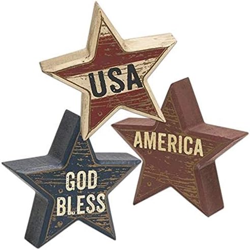 Distressed Patriotic Star Sitter Blocks Tabletop Decor | 3 Pc Set | USA, America and God Bless | 4 inch Wood