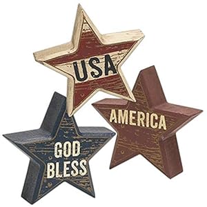 Distressed patriotic star sitter blocks tabletop decor 3 pc set usa america and god bless 4 inch wood  urban country home decor