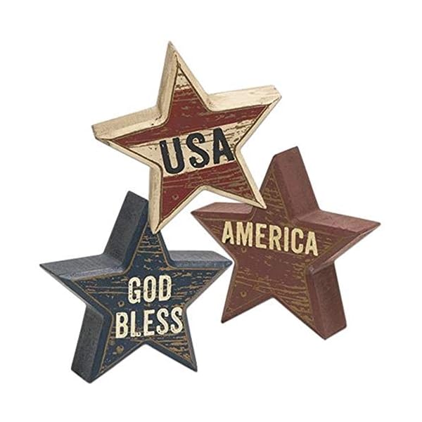 Distressed patriotic star sitter blocks tabletop decor 3 pc set usa america and god bless 4 inch wood  urban country home decor