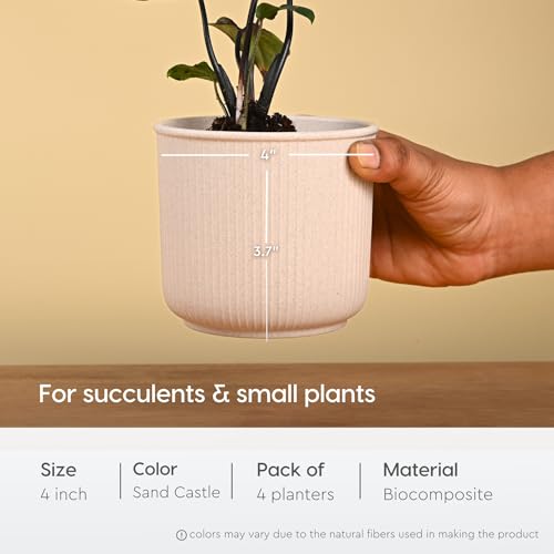Image of Eha Earth Friendly Statement Pot 4 Inch Pots and Planters Set of 4 | Table Top Planters| Bamboo Based, UV Protected | Planter for Indoor & Balcony Window Flower Pots | Sand Castle