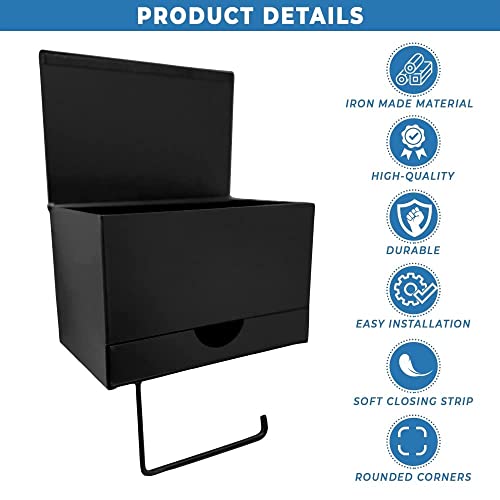 Black Toilet Paper And Wipe Holder With Shelf & Drawer - Matte Black Bathroom Accessories - Discrete Toilet Paper Storage, Hidden Wet Wipes Dispenser - Xl Wall Mounted Bathroom Tissue Holder Organizer #TOP4