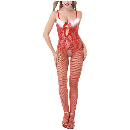 Women Sexy Lingerie Sheer Christmas Red Santa Teddy Bodysuit Strap Underwear One Piece Fishnet Garter Stockings Pantyhose