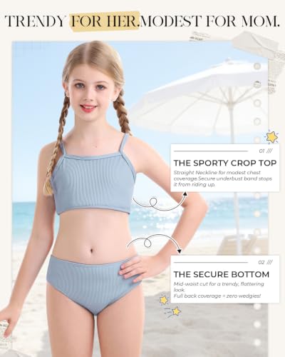 Image of Century Star Girls Ribbed 2-Piece Bikini Swimsuit - Fully Lined Modest Bathing Suit for Teens & Tweens