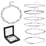 8 Pcs Bracelets for Womens Silvers Set, 6 Silver Bracelet for Women 1 Heart Bracelet and 1 Black Display Box, Ladies Bracelets Silver Jewellery Braclets, Adjustable Ladies Jewellery to Decorations