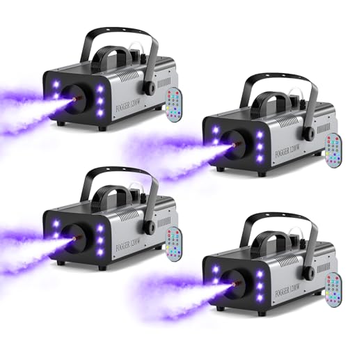 1200W Fog Machine Outdoor Indoor, 6000CFM Smoke Machine with LED Lights, Fog Machine Halloween with Wireless Remote & Auto, Fogger Machine for Wedding Party Stage Events, 4 PACK