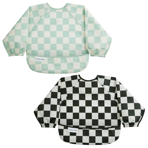 Tiny Twinkle Long Sleeve Bib for Babies &amp; Toddlers | 2-Pack Waterproof Smock Bib for Eating | Machine Washable &amp; Mess-Proof Feeding Essentials | Newborn Shower Gift (Black,Sage Checkers, 6-24M)