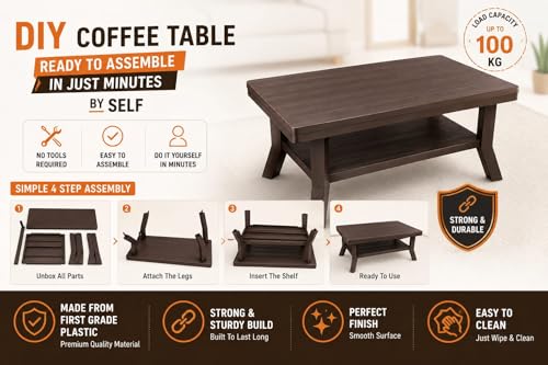 Image of Royal Plastic Centre Table Coffee & Tea with Shelf Storage for Living Room, Bedroom, Balcony & Garden | Easy to Move | Light Weight Dark Brown - 82.5 x 52.5 x 42.5 CM