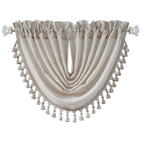 Vision Home Linen Semi Sheer Waterfall Valance Curtain With Decorative Tassles Trims Solid Beige Kitchen Cafe Curtain For Living Room Bedroom Rod Pocket 56X38 Inch,1 Panel #TOP2